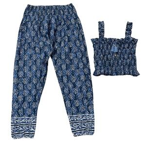 Bell Two Piece Set Girls 12 Blue Paisley Smocked Top Jogger Pants‎ Co-ord
